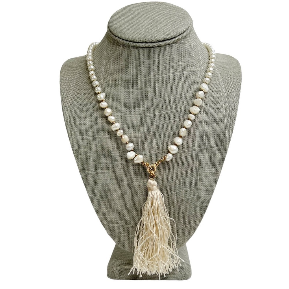 NWT Freshwater & Faux Pearl Ivory Toggle Tassel Necklace